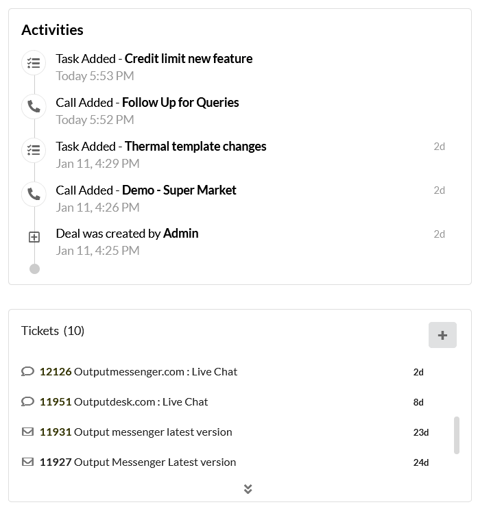 Output Desk CRM Activities Tickets